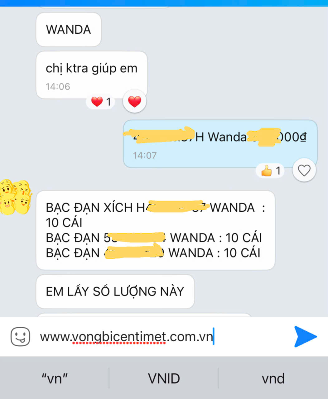 Một số cuộc trao đổi thực tế giữa khách hàng và đội ngũ CENTIMET về nhu cầu kiểm tra mã và đặt vòng bi WANDA (đã che thông tin cá nhân).