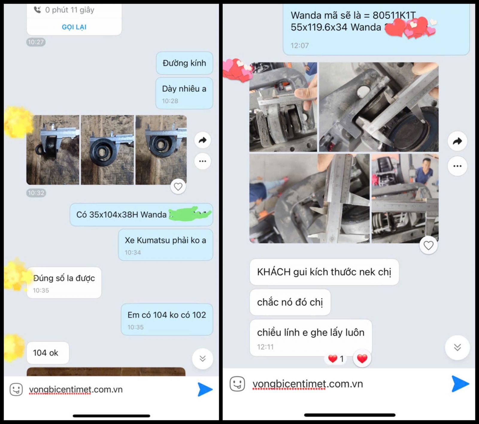 Khách hàng chủ động gửi hình ảnh dùng thước kẹp đo thông số thực tế để Centimet tư vấn chuẩn xác mã vòng bi WANDA phù hợp cho xe nâng.