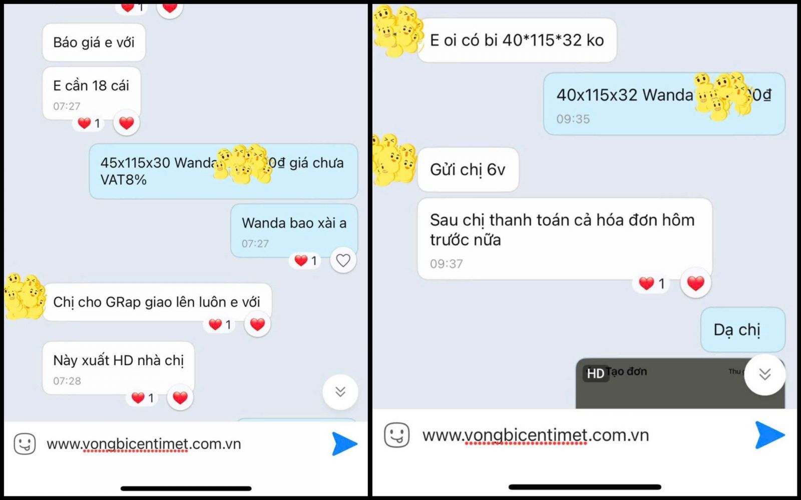 (Hình khách xác nhận đặt số lượng lớn/nhỏ bộ vòng bi WANDA và yêu cầu xuất hóa đơn VAT)