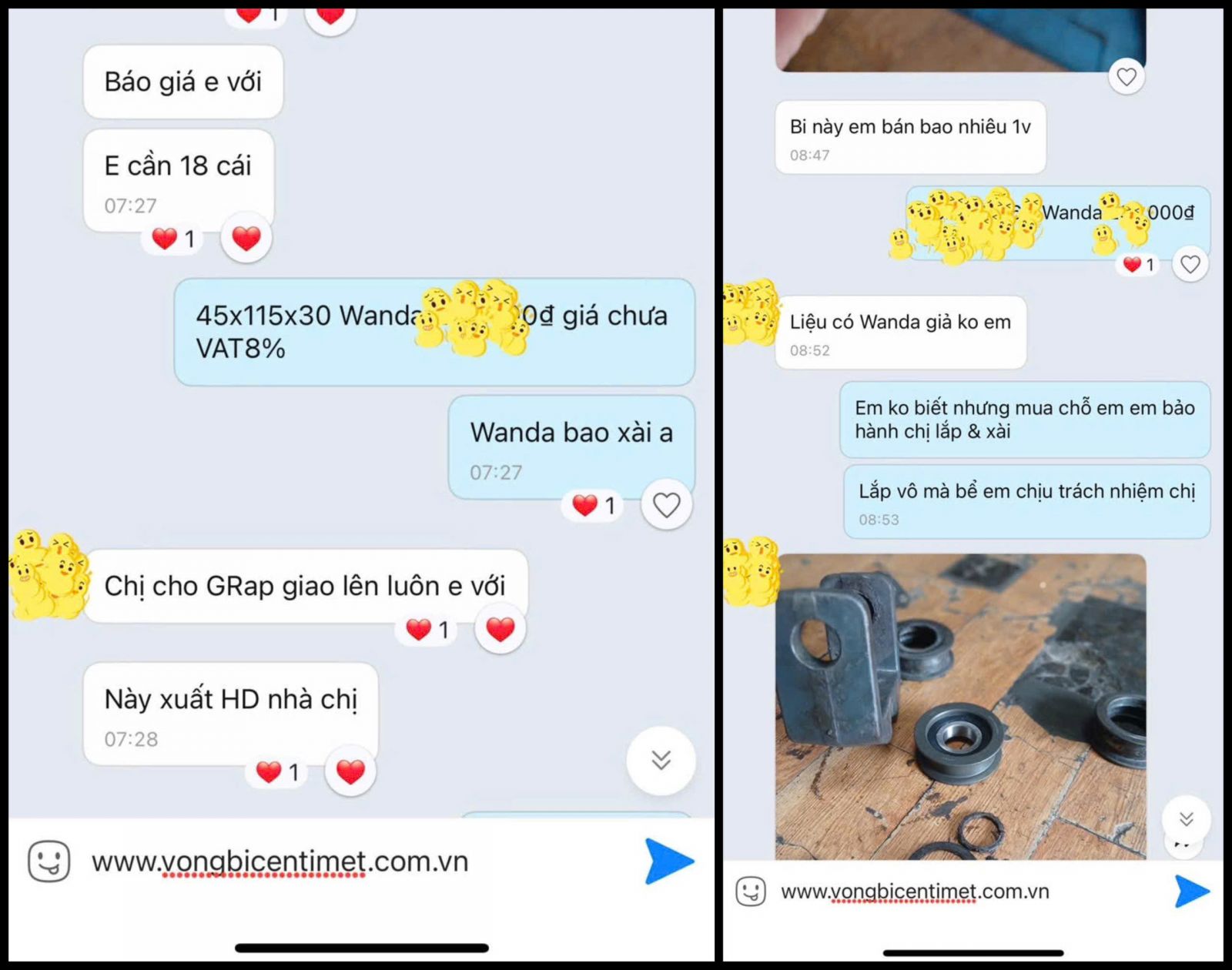 Khách hàng chốt nhanh đơn hàng số lượng lớn (18 cái) mã vòng bi WANDA $45 times 115 times 30text{ mm}$, yêu cầu giao hỏa tốc bằng Grab và xuất hóa đơn VAT đầy đủ, minh chứng cho quy trình làm việc chuyên nghiệp, rõ ràng của Centimet.