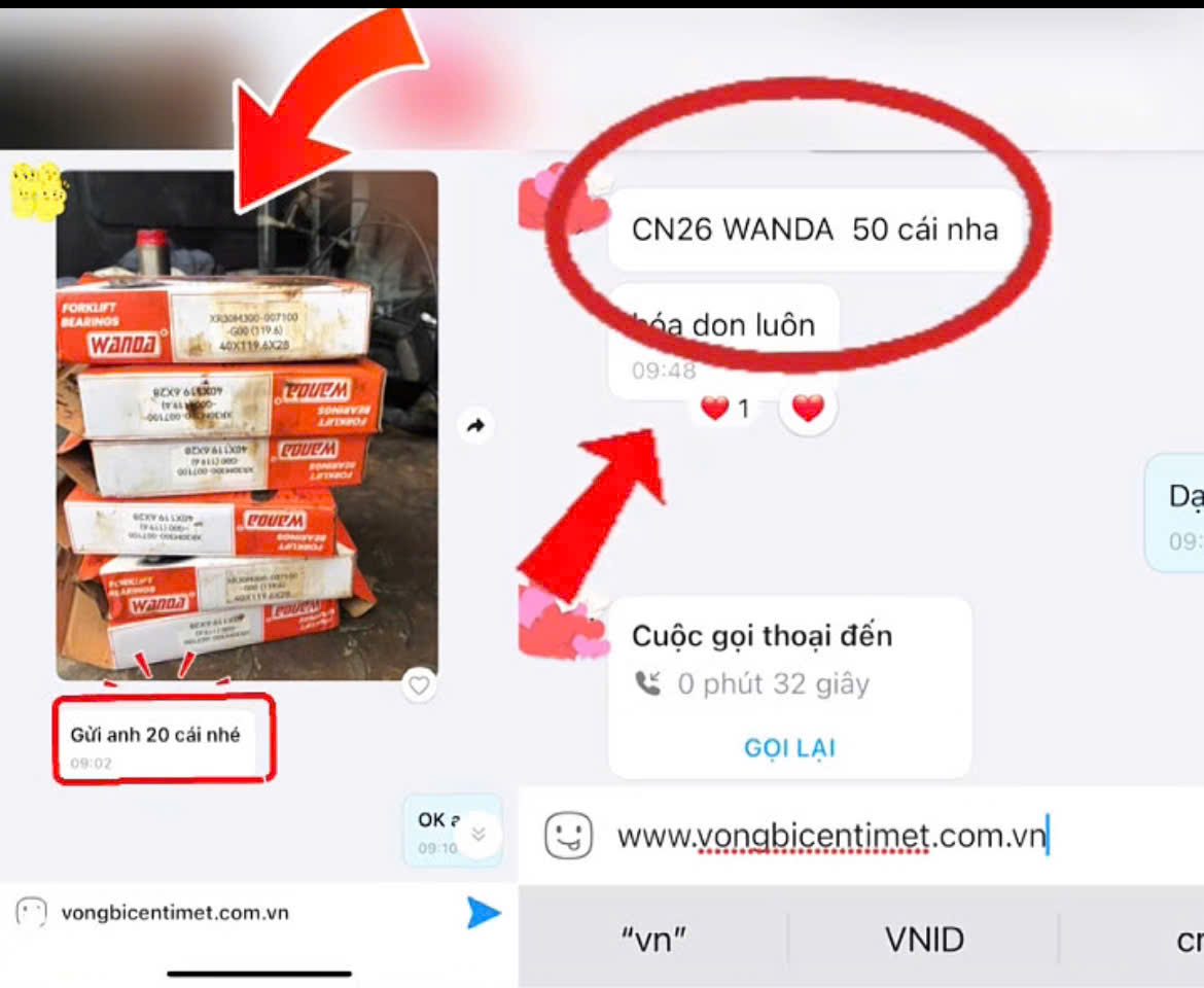 Tin nhắn trực tiếp từ khách hàng đặt thêm vòng bi WANDA sau khi đã sử dụng và đánh giá cao chất lượng sản phẩm.